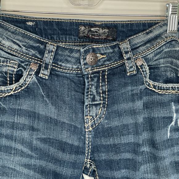 Silver Jeans Women`s Aiko Bootcut Jeans Sz 29X33L Thick Stitch Distress Cowgirl - Picture 2 of 16